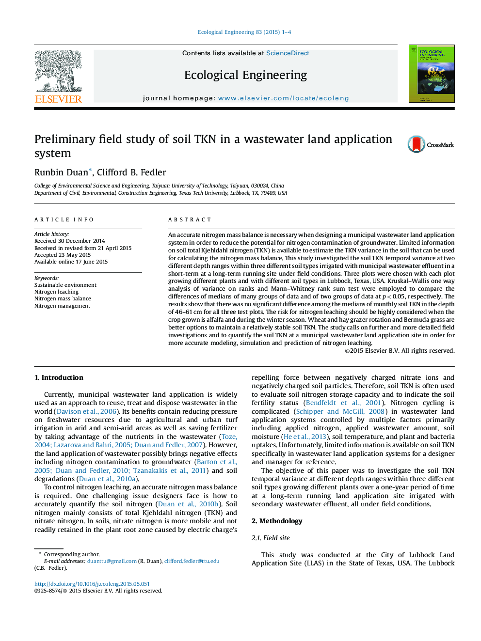 Preliminary field study of soil TKN in a wastewater land application system