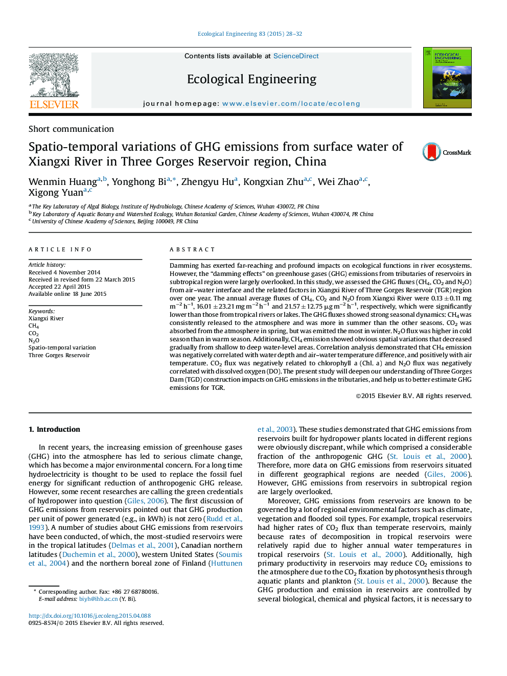 Spatio-temporal variations of GHG emissions from surface water of Xiangxi River in Three Gorges Reservoir region, China