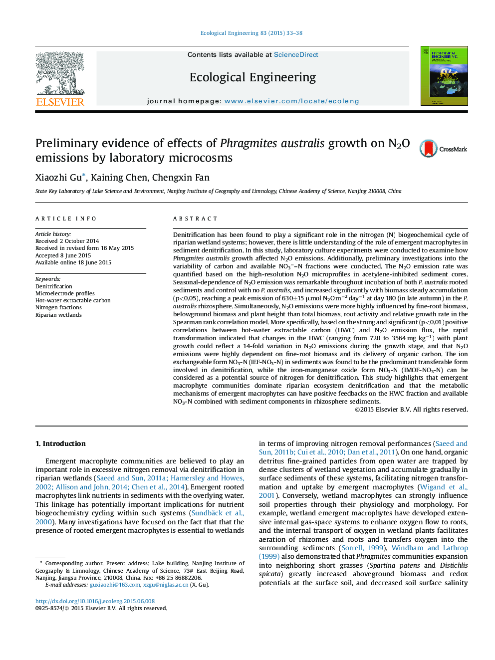 Preliminary evidence of effects of Phragmites australis growth on N2O emissions by laboratory microcosms