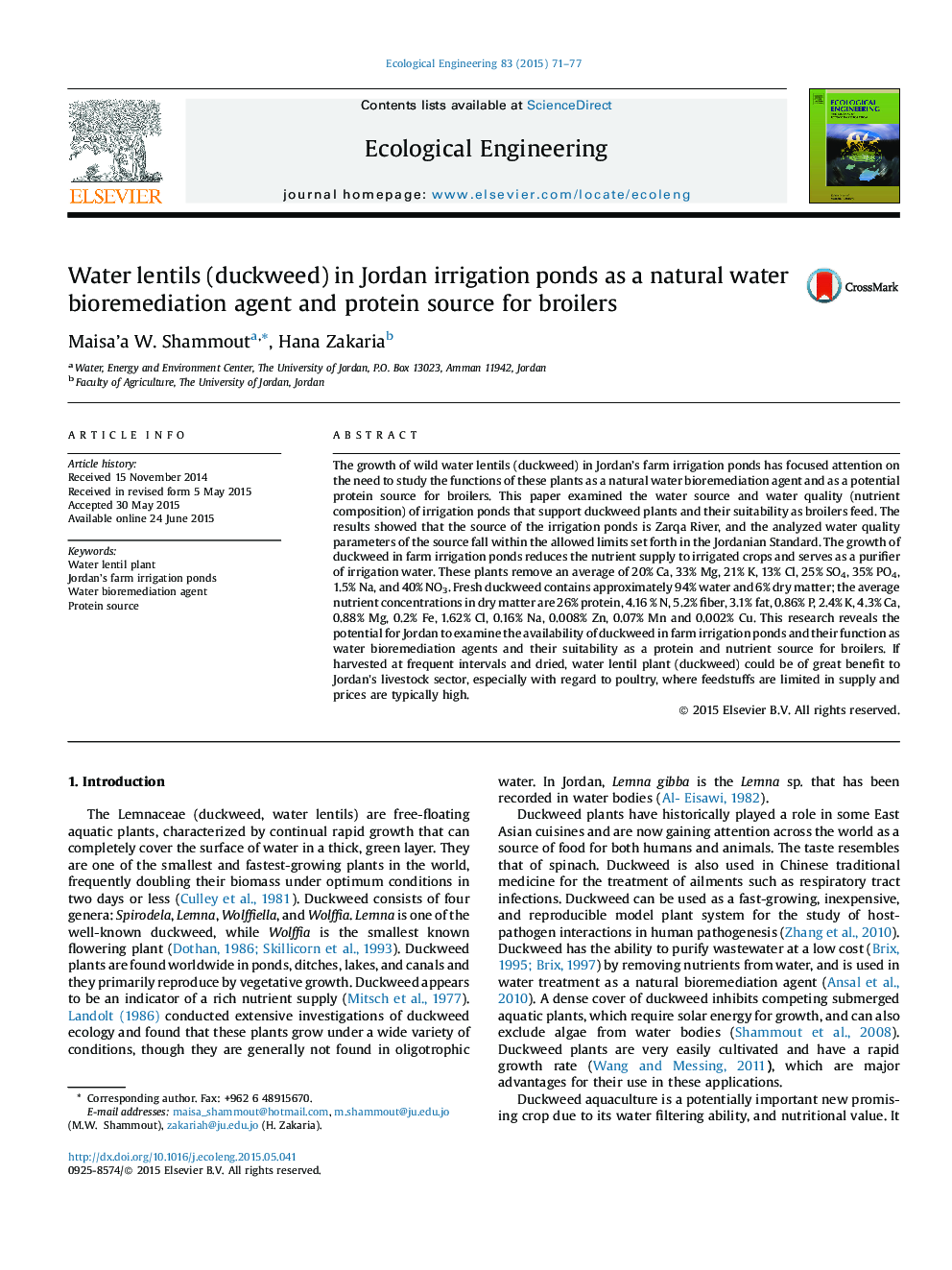 Water lentils (duckweed) in Jordan irrigation ponds as a natural water bioremediation agent and protein source for broilers