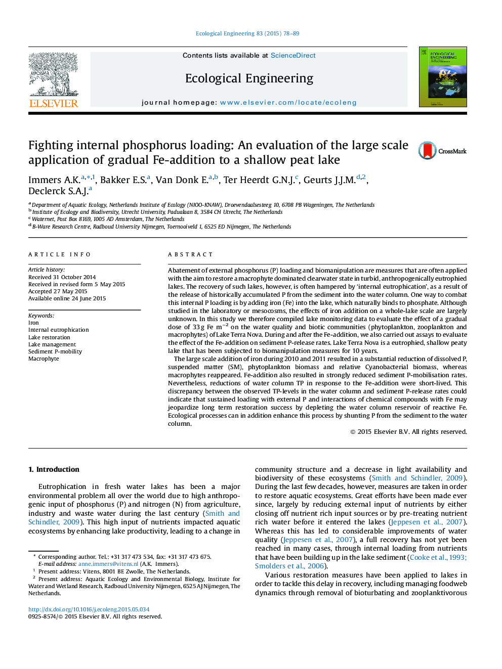 Fighting internal phosphorus loading: An evaluation of the large scale application of gradual Fe-addition to a shallow peat lake