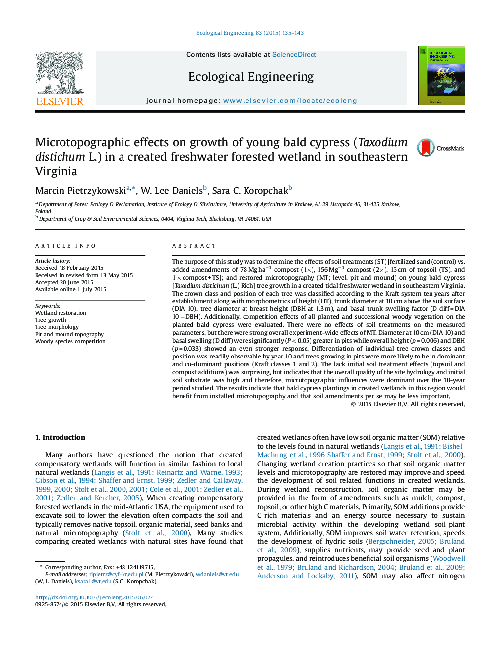 Microtopographic effects on growth of young bald cypress (Taxodium distichum L.) in a created freshwater forested wetland in southeastern Virginia