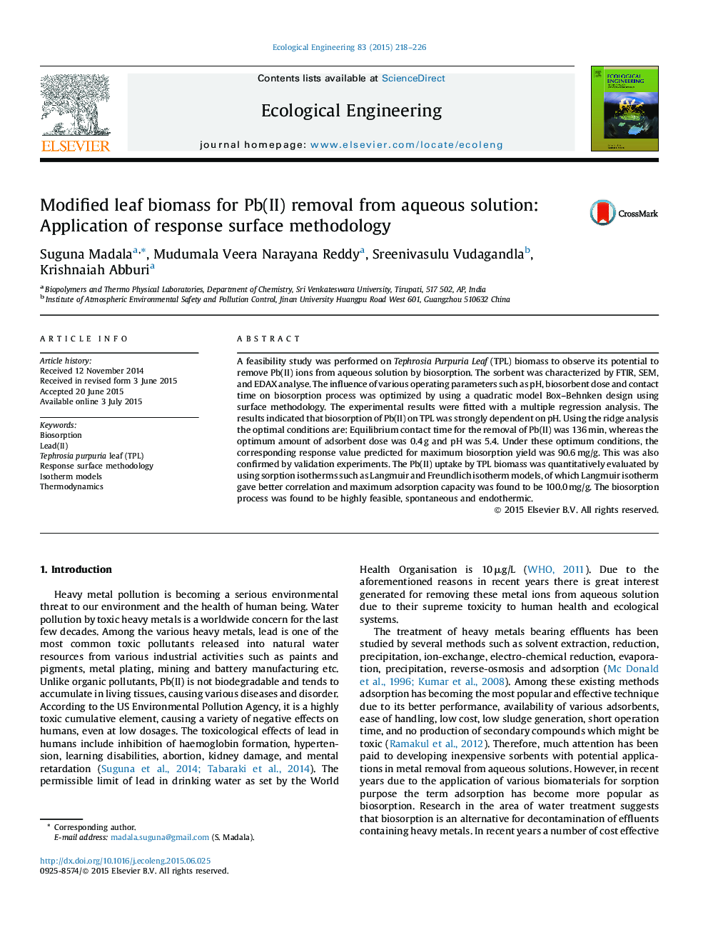 Modified leaf biomass for Pb(II) removal from aqueous solution: Application of response surface methodology