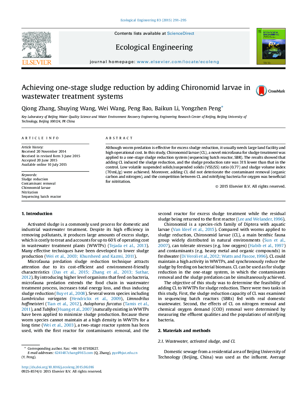 Achieving one-stage sludge reduction by adding Chironomid larvae in wastewater treatment systems
