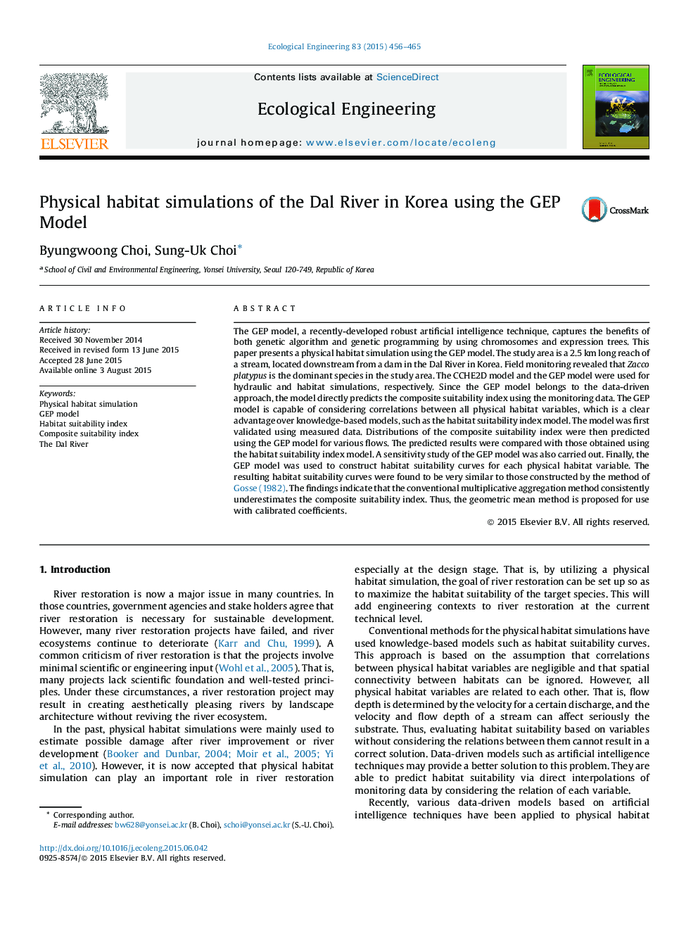 Physical habitat simulations of the Dal River in Korea using the GEP Model