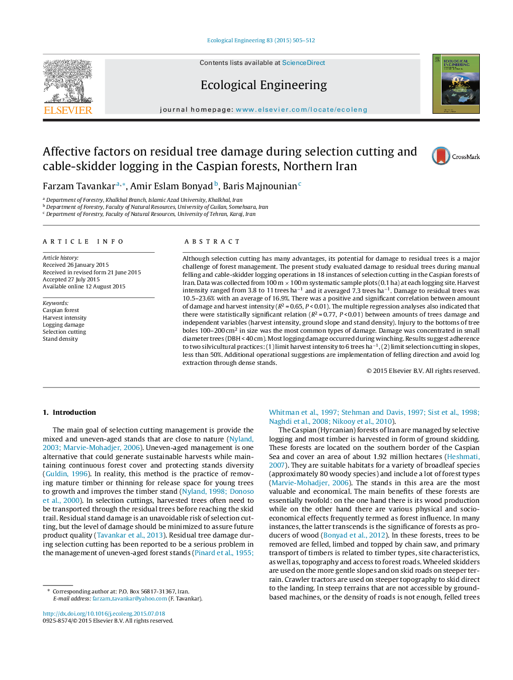 Affective factors on residual tree damage during selection cutting and cable-skidder logging in the Caspian forests, Northern Iran