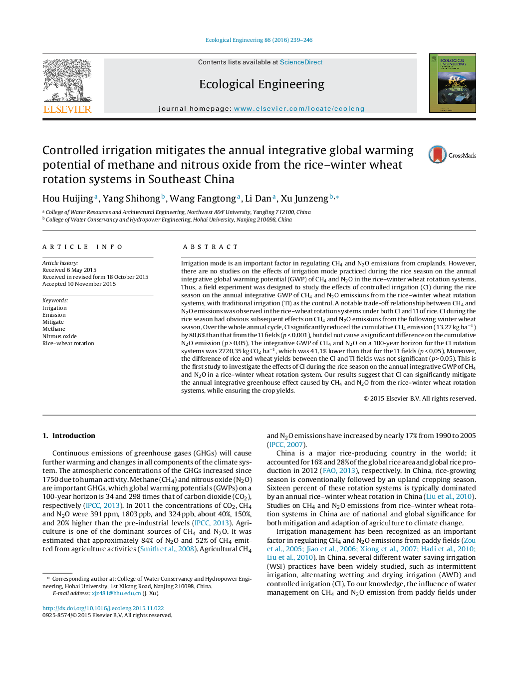 Controlled irrigation mitigates the annual integrative global warming potential of methane and nitrous oxide from the rice–winter wheat rotation systems in Southeast China