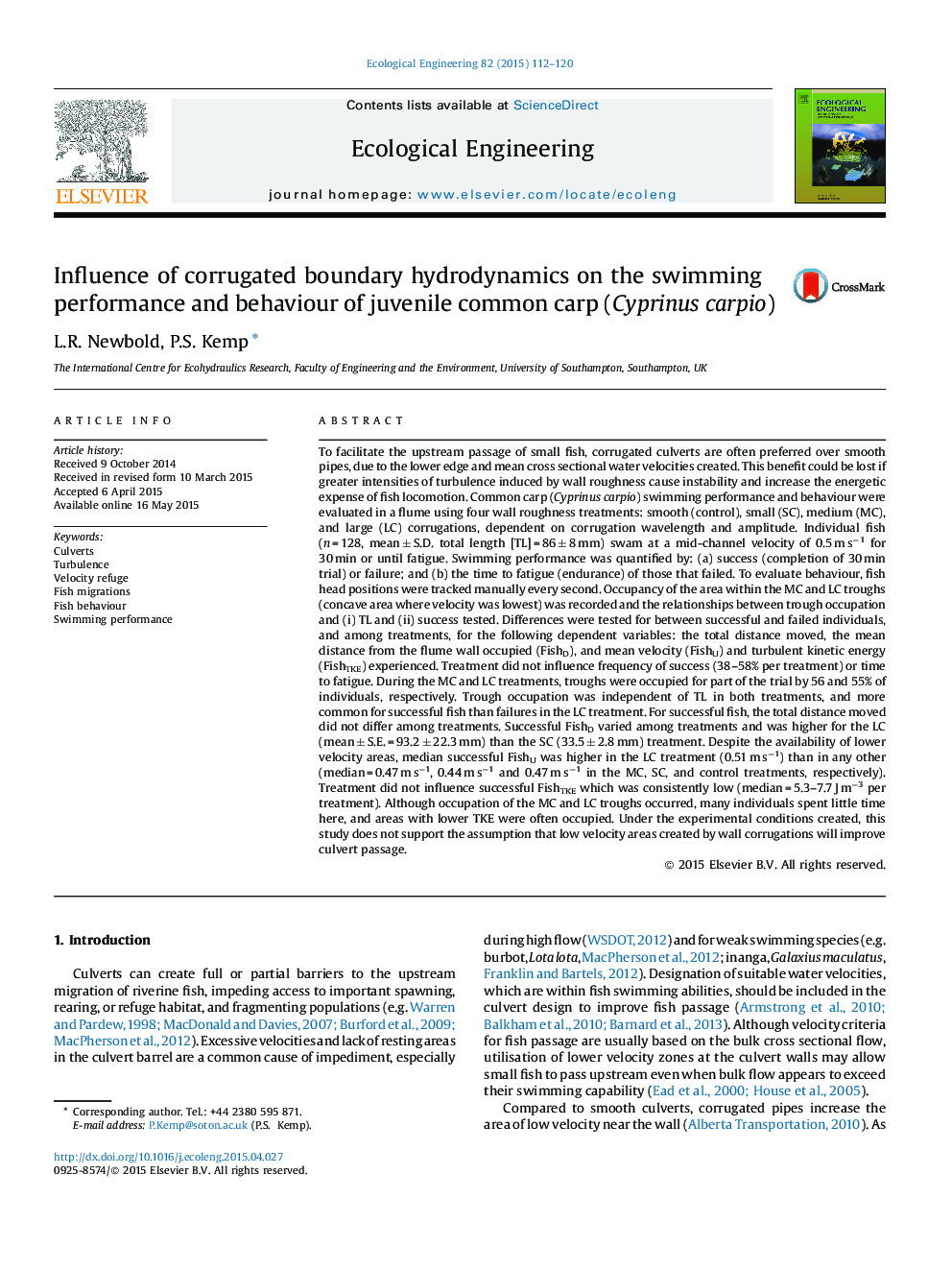 Influence of corrugated boundary hydrodynamics on the swimming performance and behaviour of juvenile common carp (Cyprinus carpio)