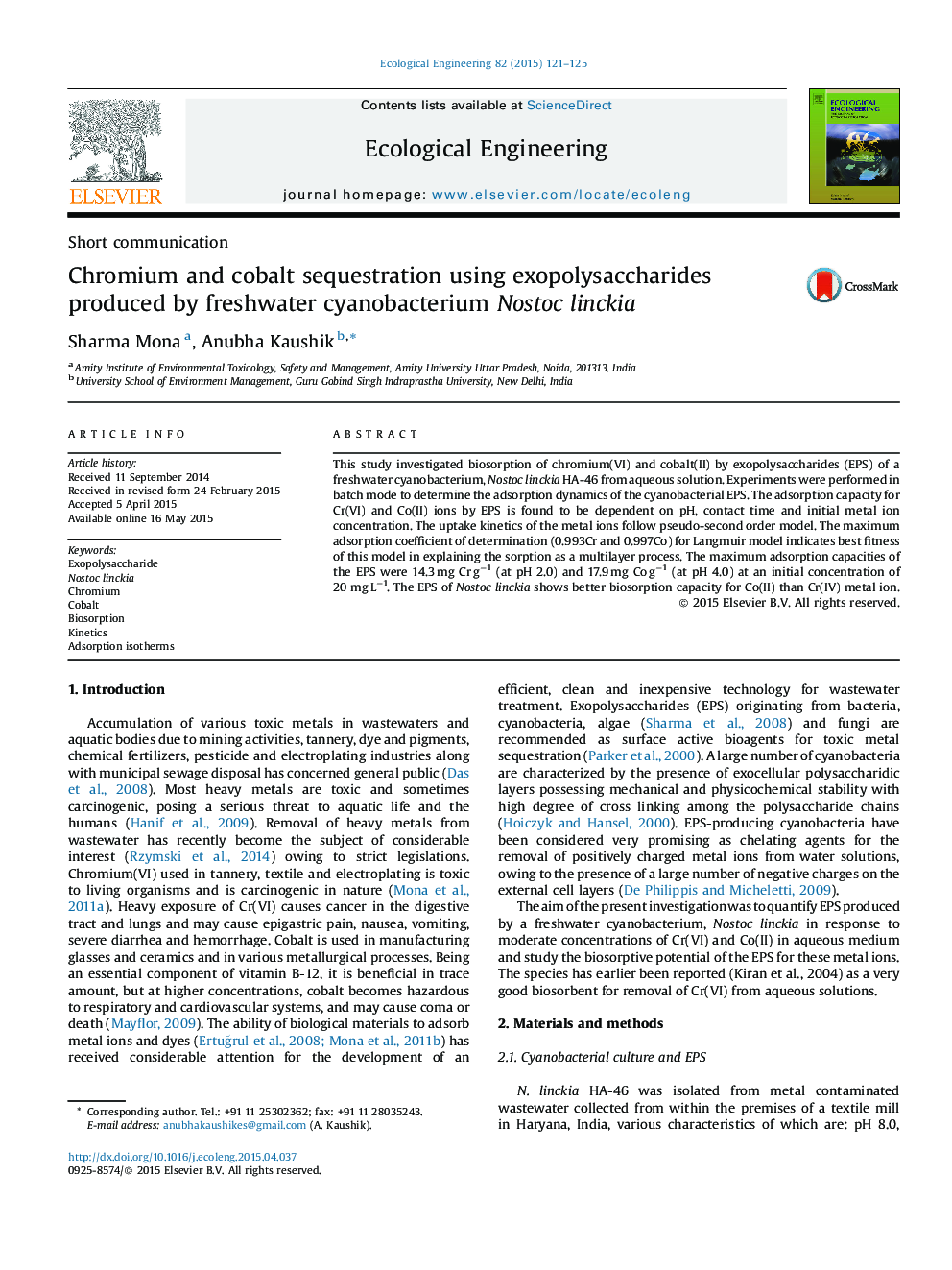 Chromium and cobalt sequestration using exopolysaccharides produced by freshwater cyanobacterium Nostoc linckia