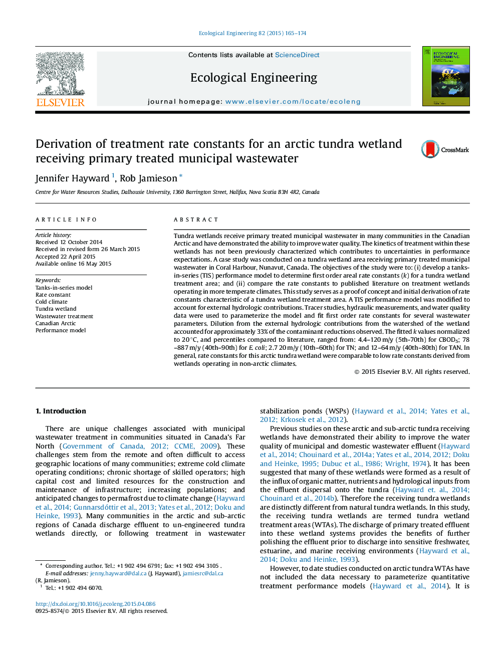 Derivation of treatment rate constants for an arctic tundra wetland receiving primary treated municipal wastewater