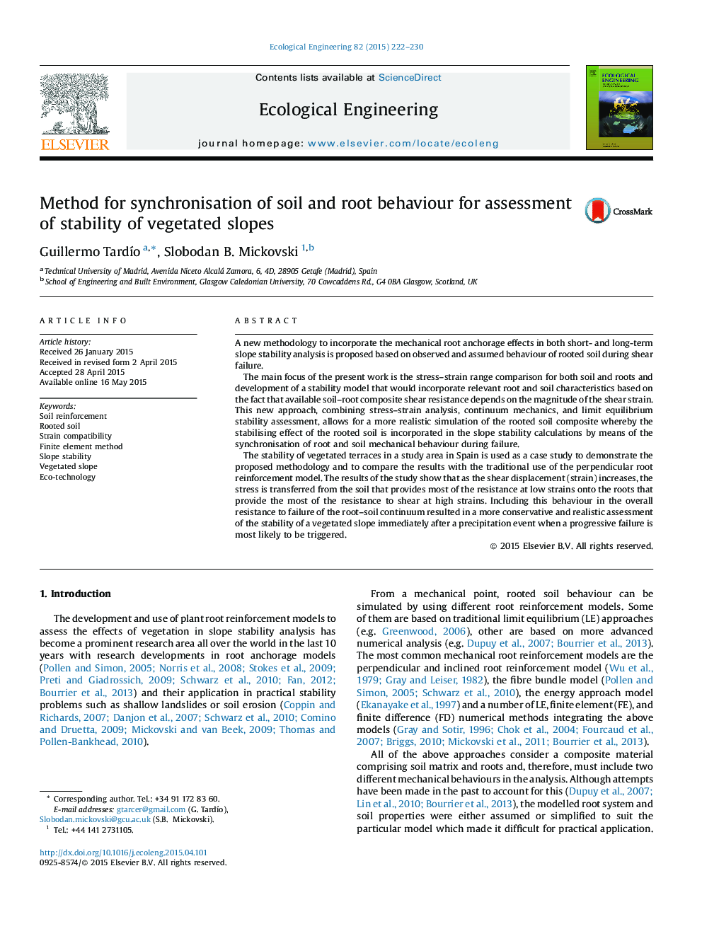 Method for synchronisation of soil and root behaviour for assessment of stability of vegetated slopes