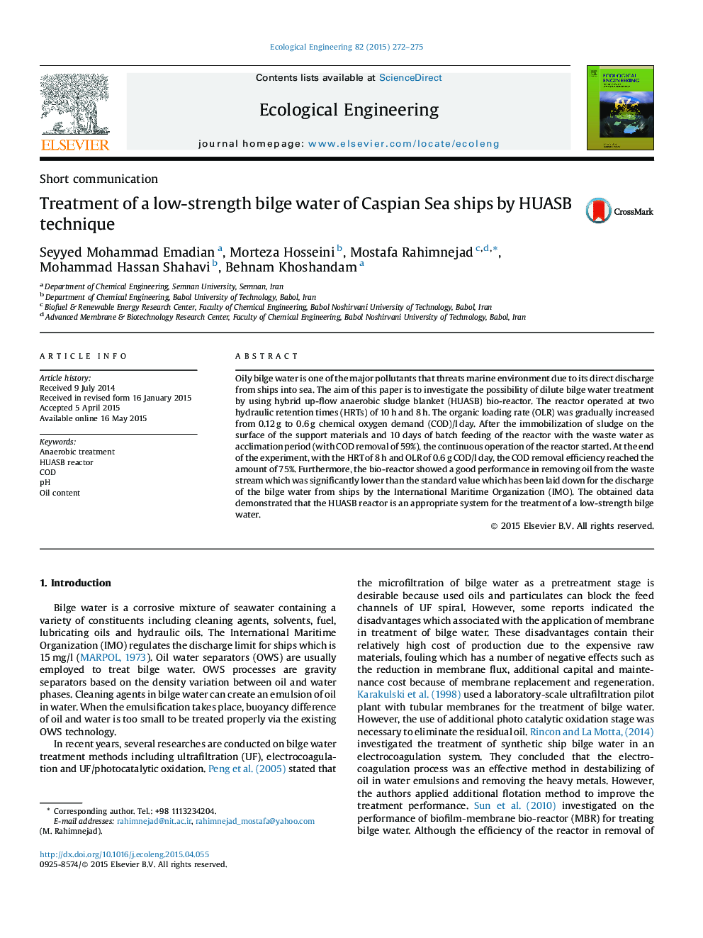 Treatment of a low-strength bilge water of Caspian Sea ships by HUASB technique