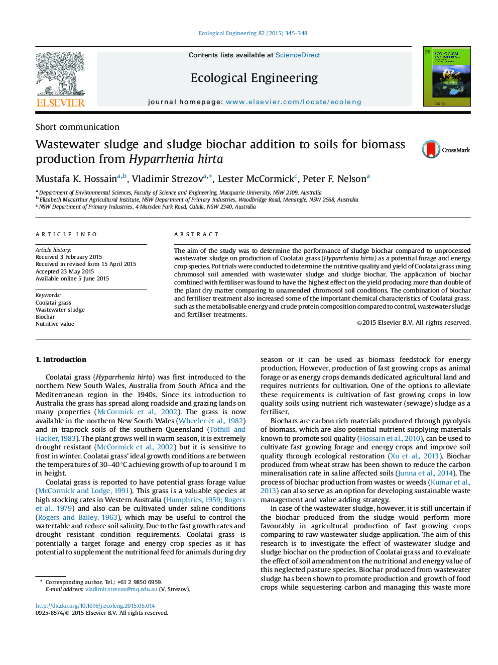 Wastewater sludge and sludge biochar addition to soils for biomass production from Hyparrhenia hirta