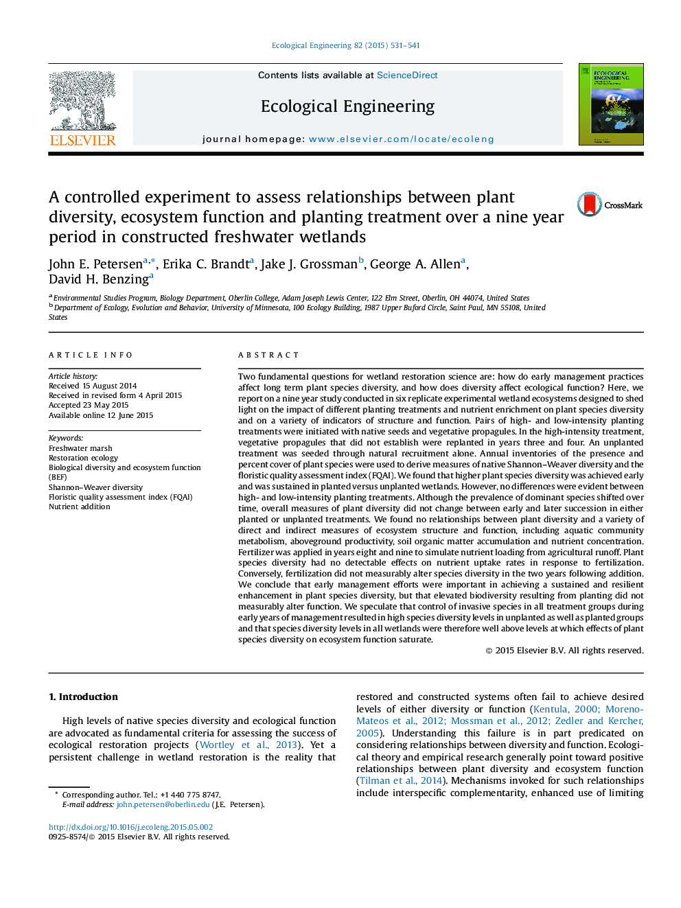 A controlled experiment to assess relationships between plant diversity, ecosystem function and planting treatment over a nine year period in constructed freshwater wetlands