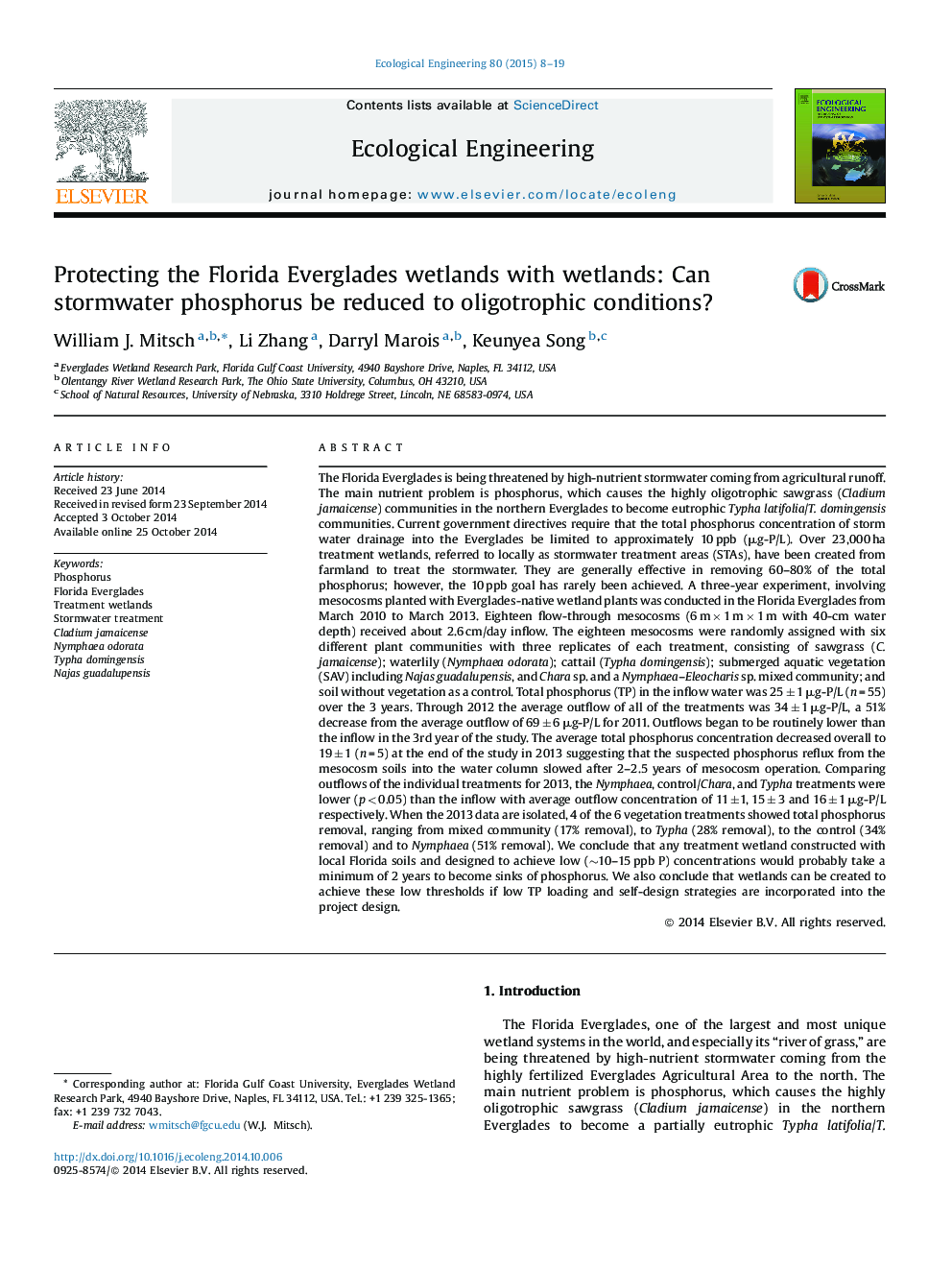 Protecting the Florida Everglades wetlands with wetlands: Can stormwater phosphorus be reduced to oligotrophic conditions?