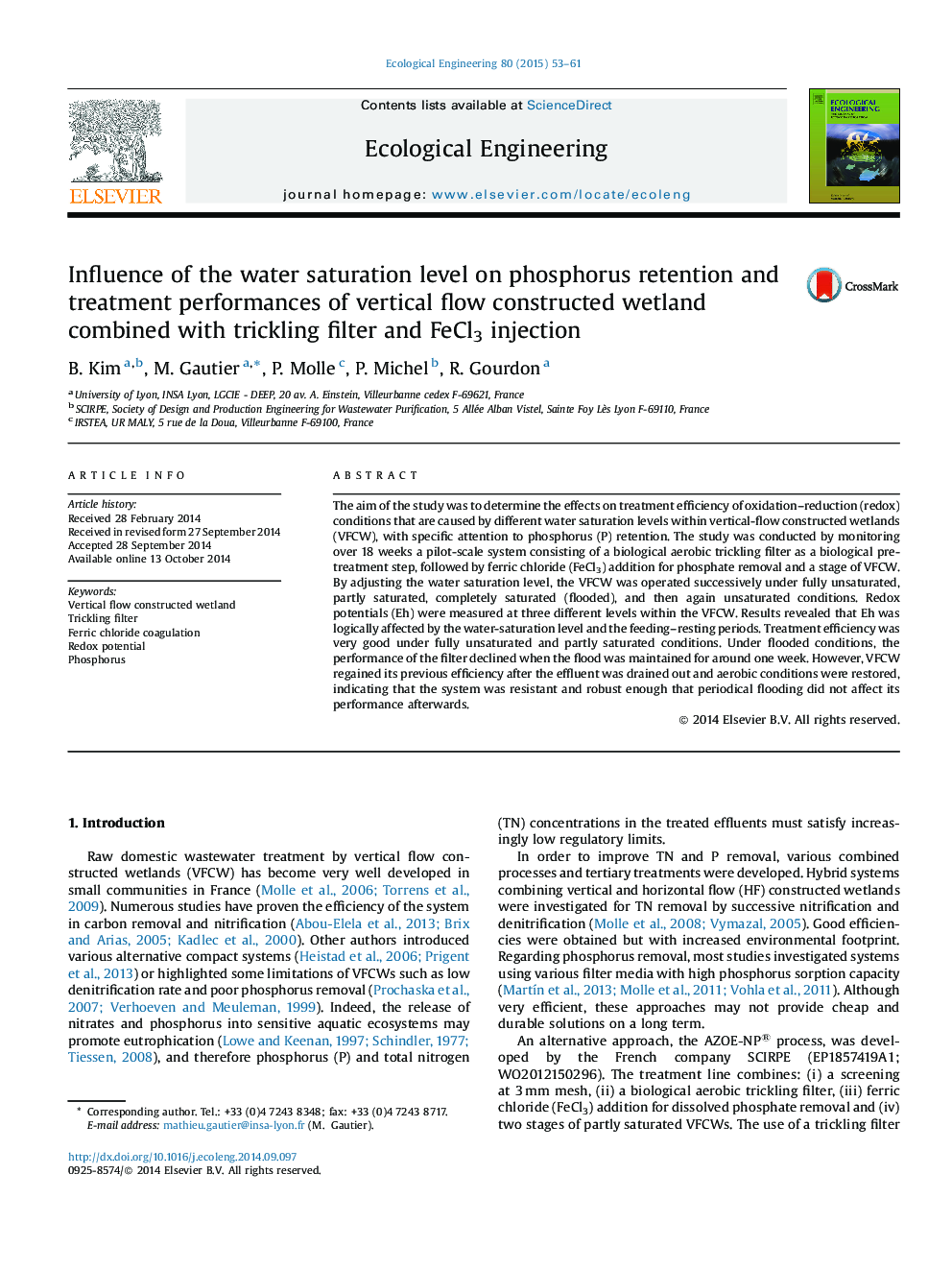 Influence of the water saturation level on phosphorus retention and treatment performances of vertical flow constructed wetland combined with trickling filter and FeCl3 injection