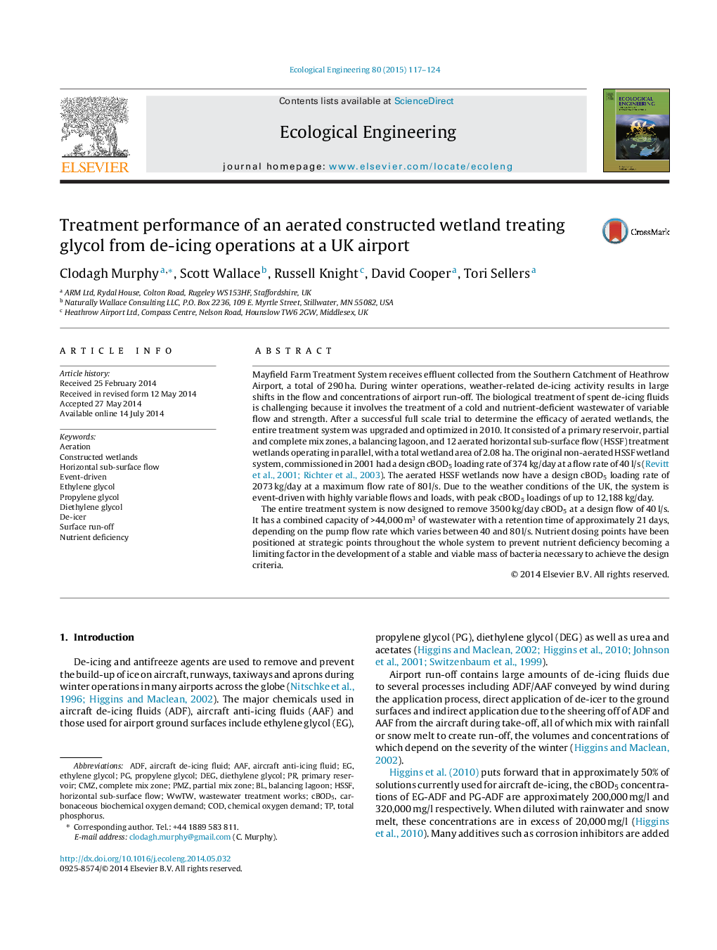 Treatment performance of an aerated constructed wetland treating glycol from de-icing operations at a UK airport