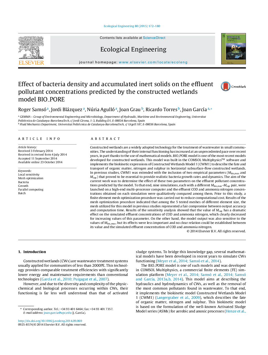 Effect of bacteria density and accumulated inert solids on the effluent pollutant concentrations predicted by the constructed wetlands model BIO_PORE