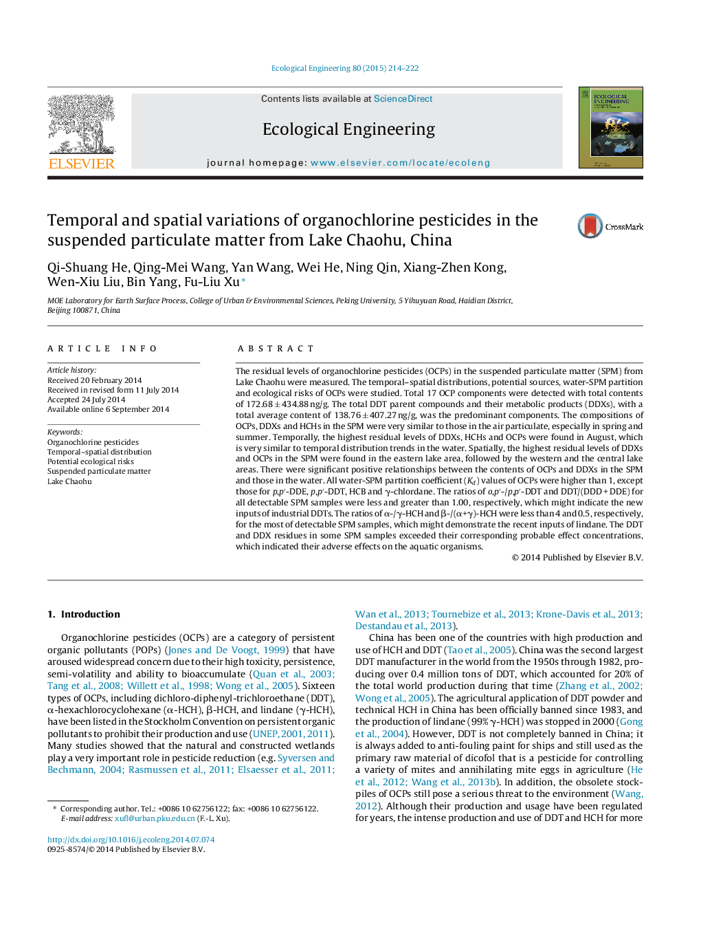 Temporal and spatial variations of organochlorine pesticides in the suspended particulate matter from Lake Chaohu, China