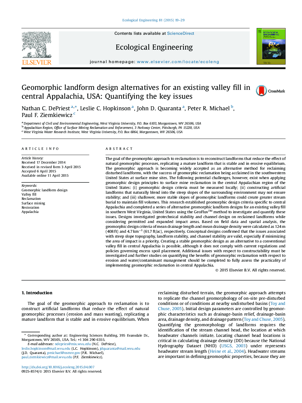 Geomorphic landform design alternatives for an existing valley fill in central Appalachia, USA: Quantifying the key issues