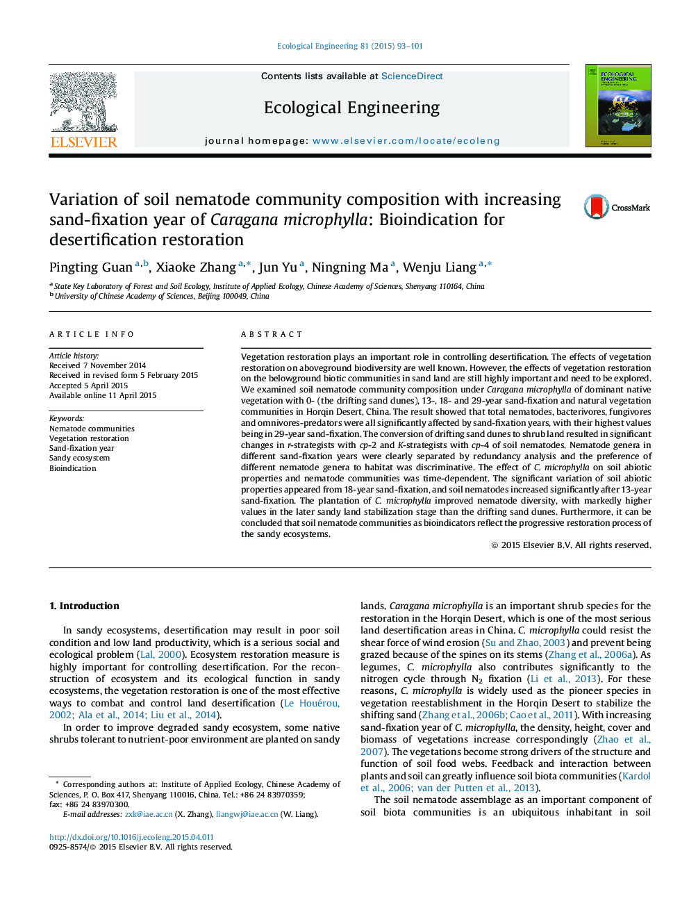 Variation of soil nematode community composition with increasing sand-fixation year of Caragana microphylla: Bioindication for desertification restoration