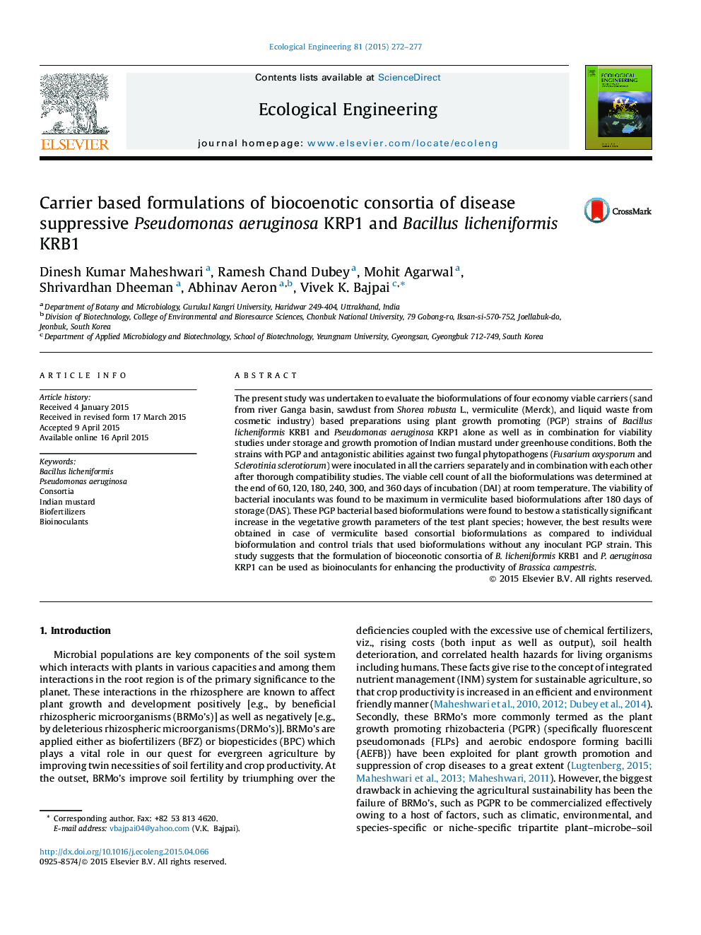 Carrier based formulations of biocoenotic consortia of disease suppressive Pseudomonas aeruginosa KRP1 and Bacillus licheniformis KRB1