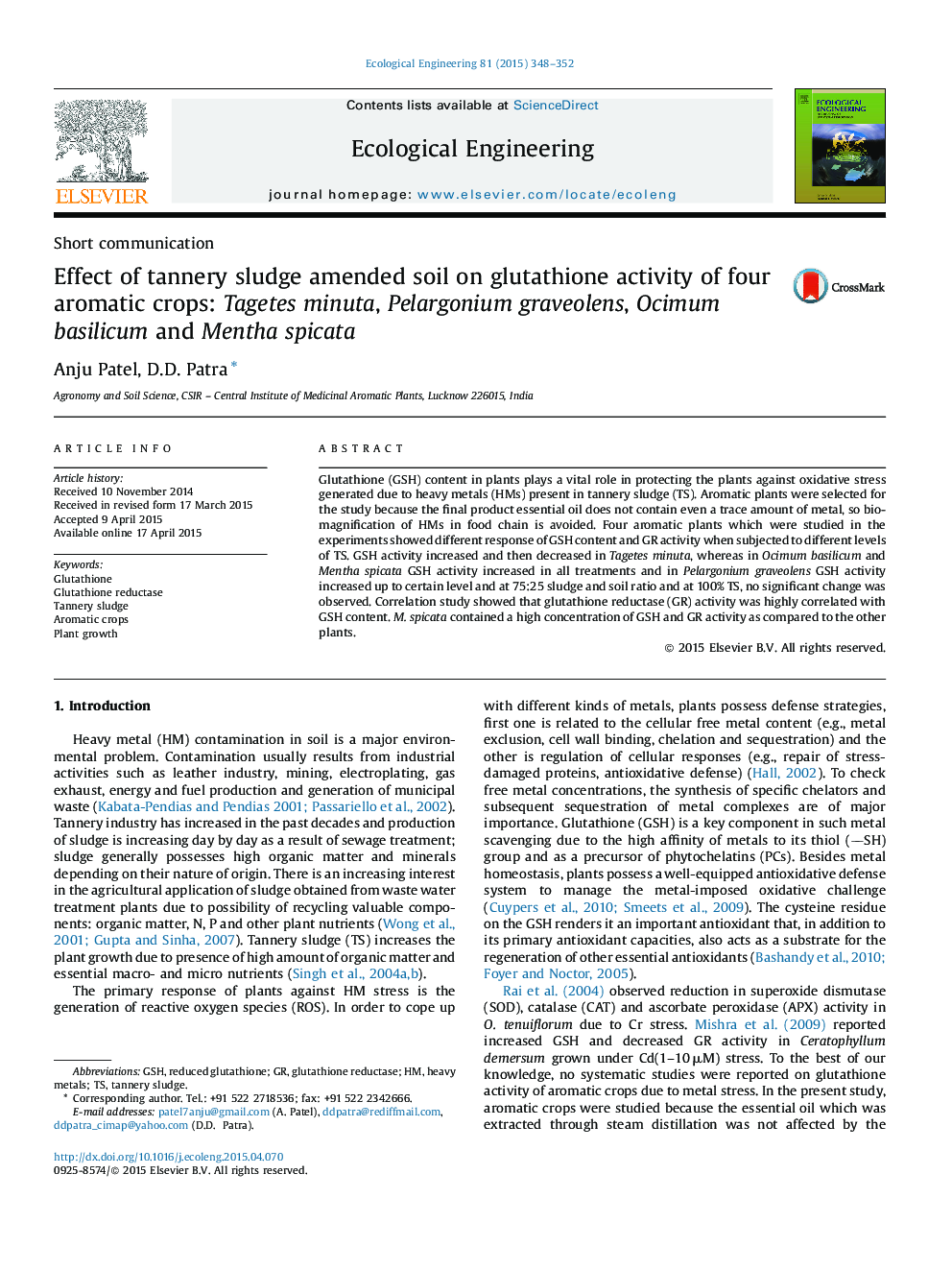 Effect of tannery sludge amended soil on glutathione activity of four aromatic crops: Tagetes minuta, Pelargonium graveolens, Ocimum basilicum and Mentha spicata