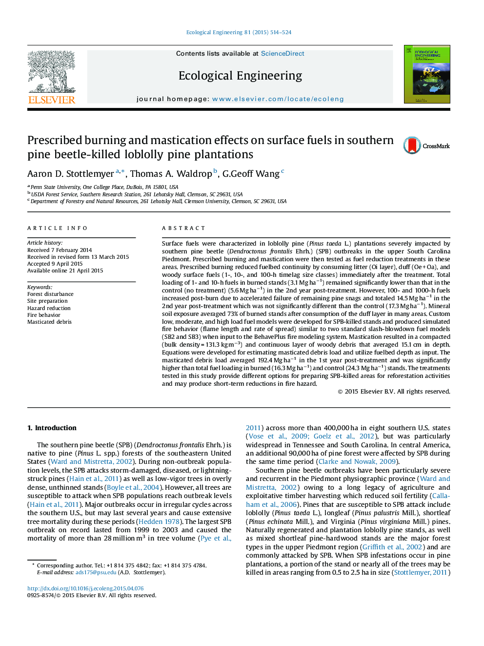 Prescribed burning and mastication effects on surface fuels in southern pine beetle-killed loblolly pine plantations