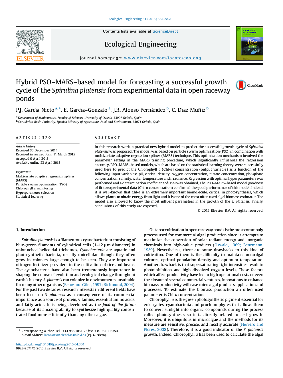 Hybrid PSO-MARS-based model for forecasting a successful growth cycle of the Spirulina platensis from experimental data in open raceway ponds