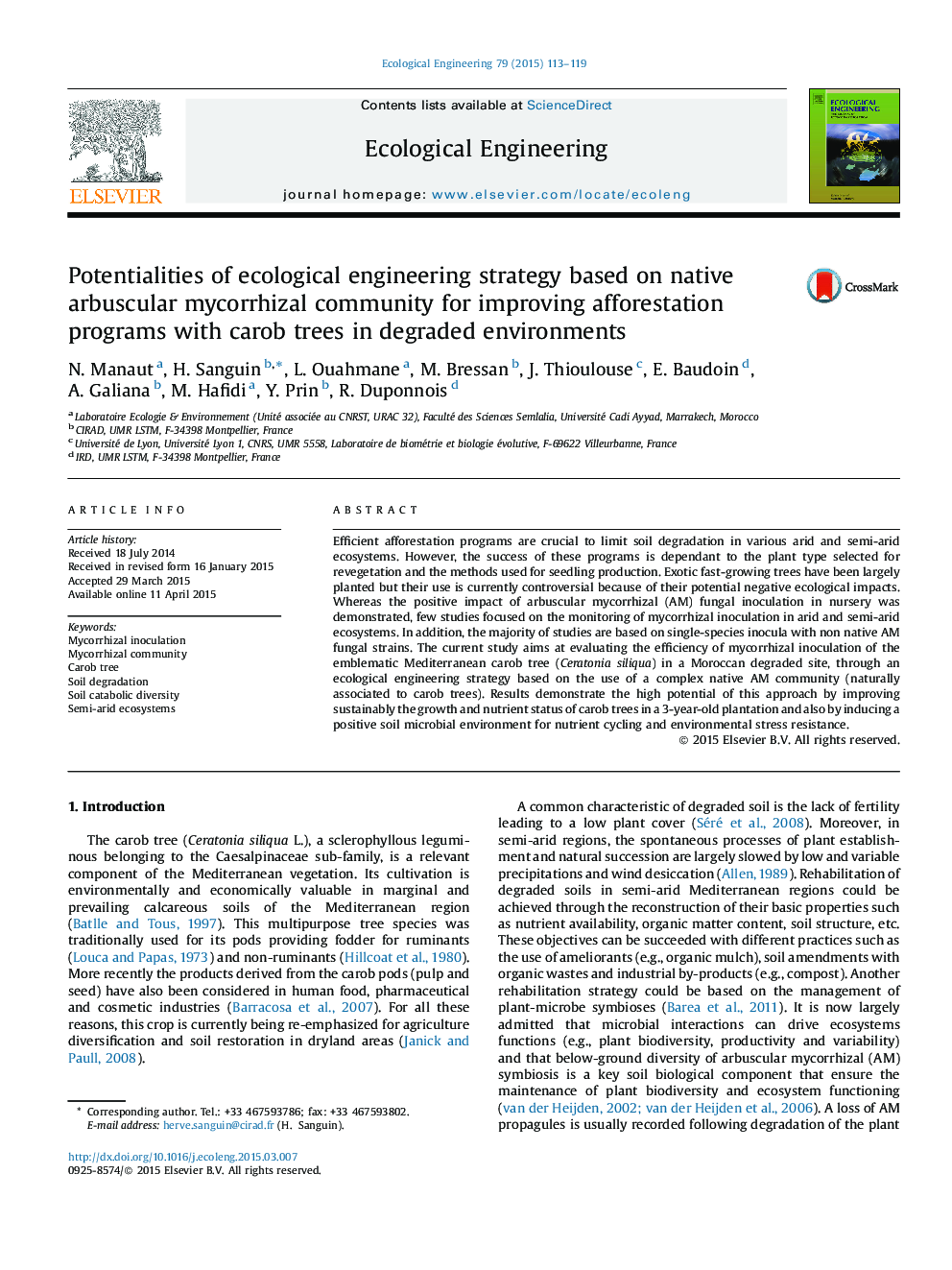 Potentialities of ecological engineering strategy based on native arbuscular mycorrhizal community for improving afforestation programs with carob trees in degraded environments