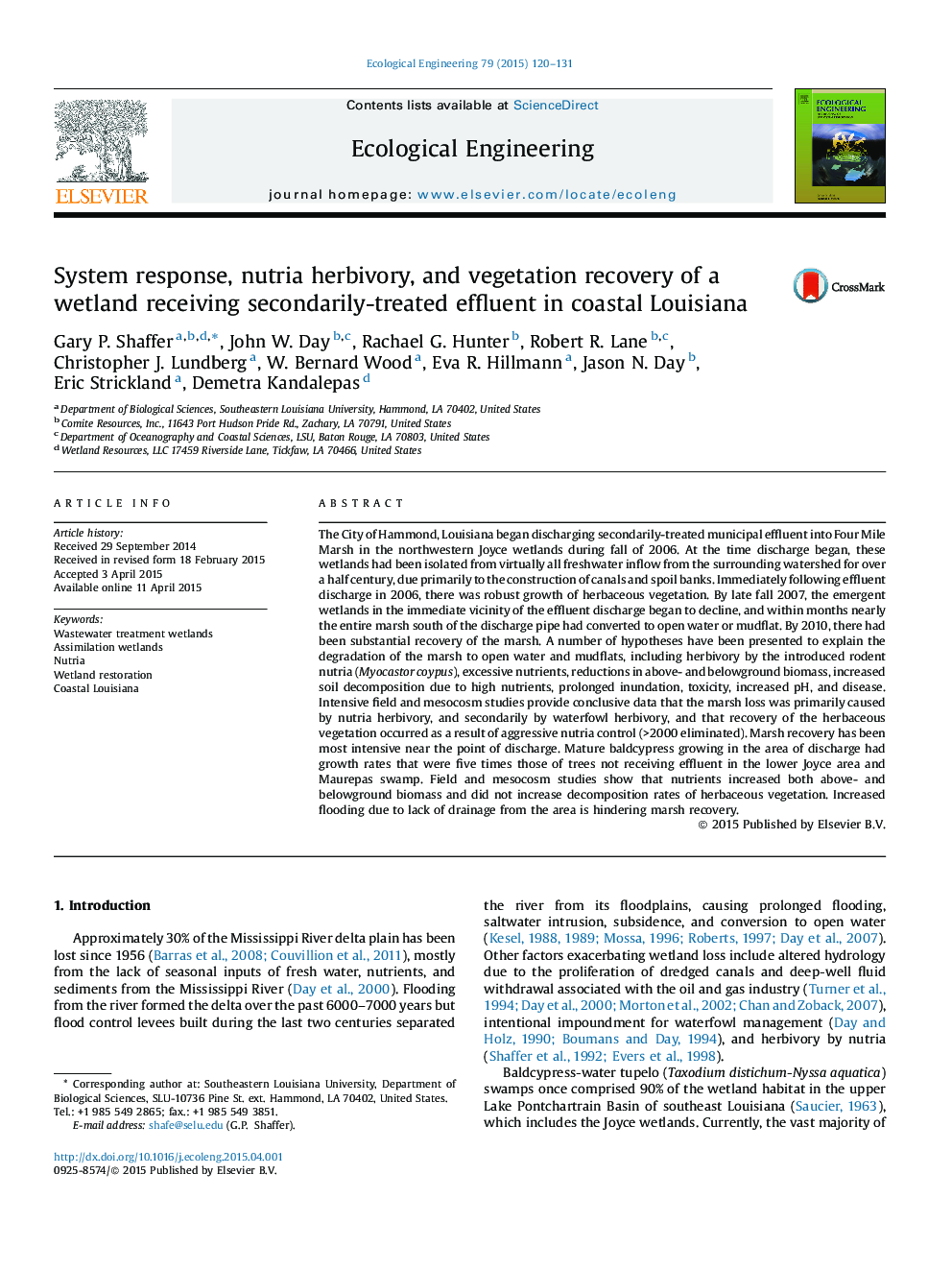 System response, nutria herbivory, and vegetation recovery of a wetland receiving secondarily-treated effluent in coastal Louisiana