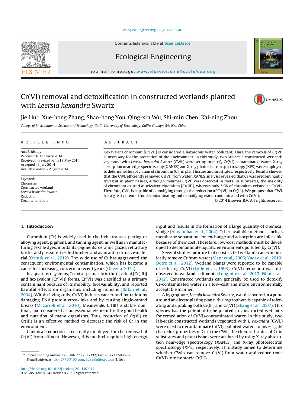 Cr(VI) removal and detoxification in constructed wetlands planted with Leersia hexandra Swartz