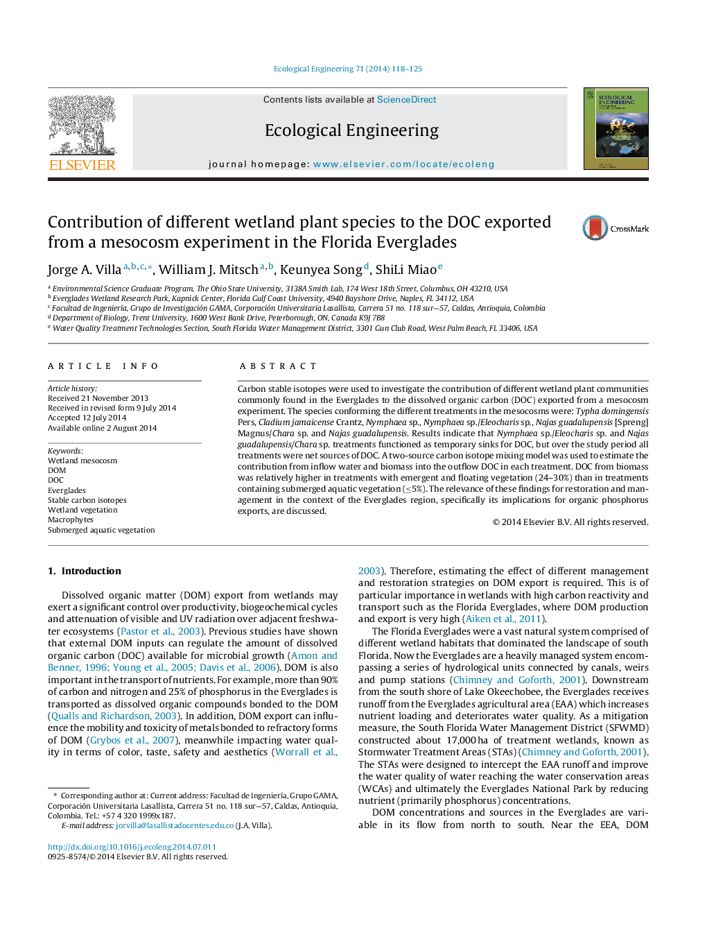 Contribution of different wetland plant species to the DOC exported from a mesocosm experiment in the Florida Everglades