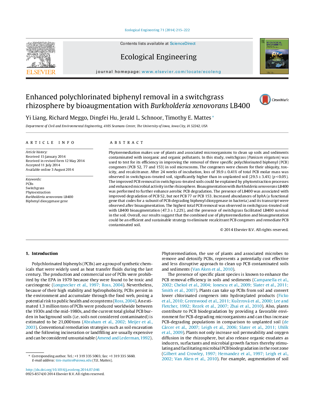 Enhanced polychlorinated biphenyl removal in a switchgrass rhizosphere by bioaugmentation with Burkholderia xenovorans LB400