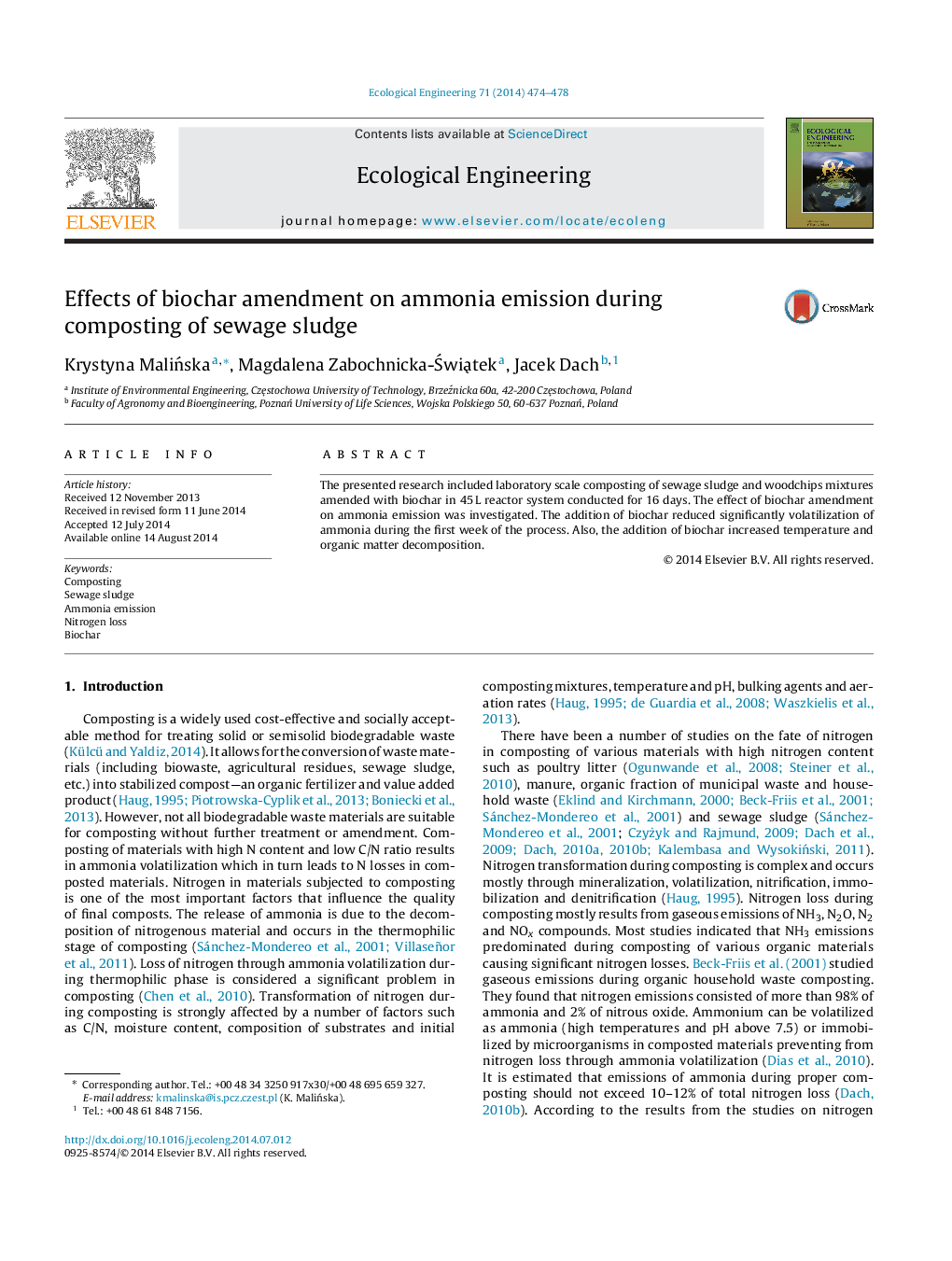 Effects of biochar amendment on ammonia emission during composting of sewage sludge