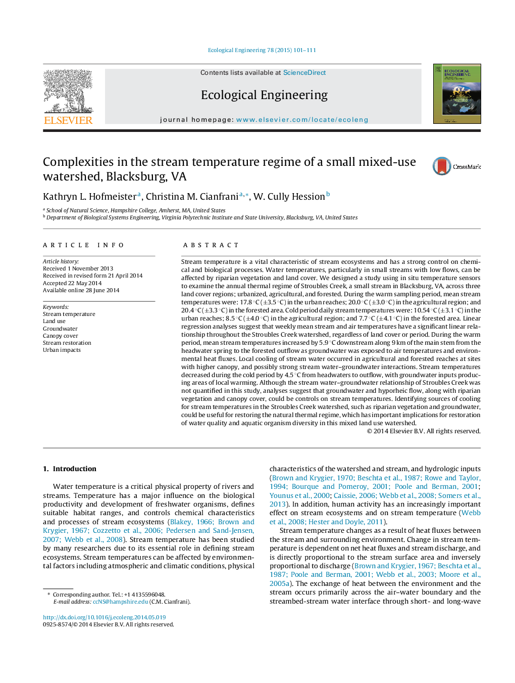 Complexities in the stream temperature regime of a small mixed-use watershed, Blacksburg, VA