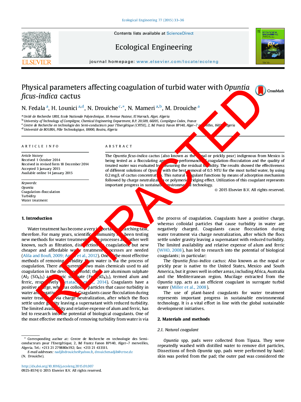 RETRACTED: Physical parameters affecting coagulation of turbid water with Opuntia ficus-indica cactus