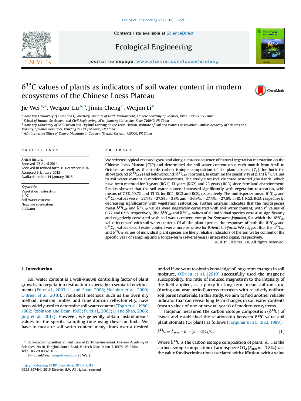 Î´13C values of plants as indicators of soil water content in modern ecosystems of the Chinese Loess Plateau