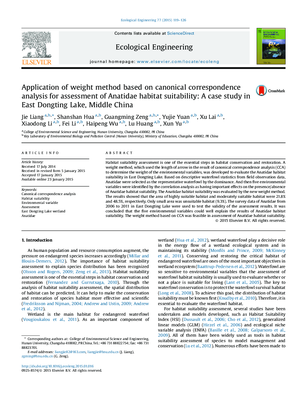 Application of weight method based on canonical correspondence analysis for assessment of Anatidae habitat suitability: A case study in East Dongting Lake, Middle China