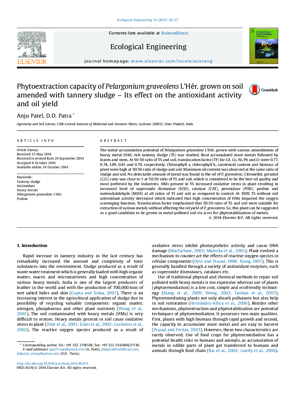 Phytoextraction capacity of Pelargonium graveolens L’Hér. grown on soil amended with tannery sludge – Its effect on the antioxidant activity and oil yield