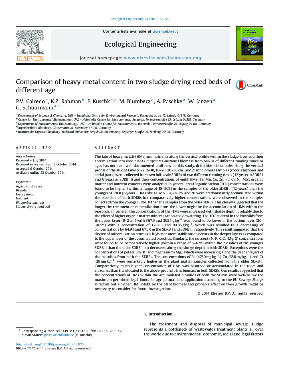 Comparison of heavy metal content in two sludge drying reed beds of different age