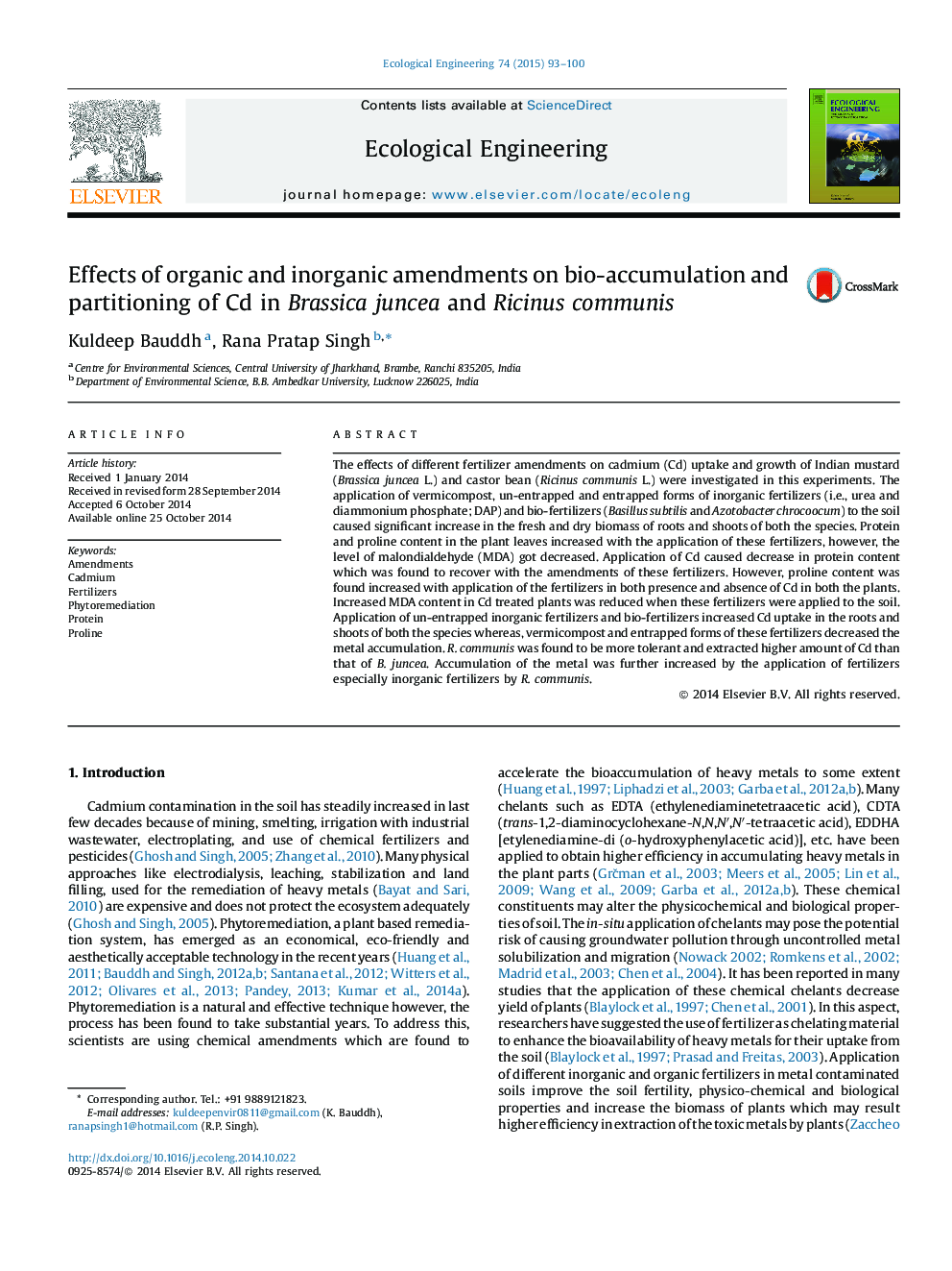 Effects of organic and inorganic amendments on bio-accumulation and partitioning of Cd in Brassica juncea and Ricinus communis