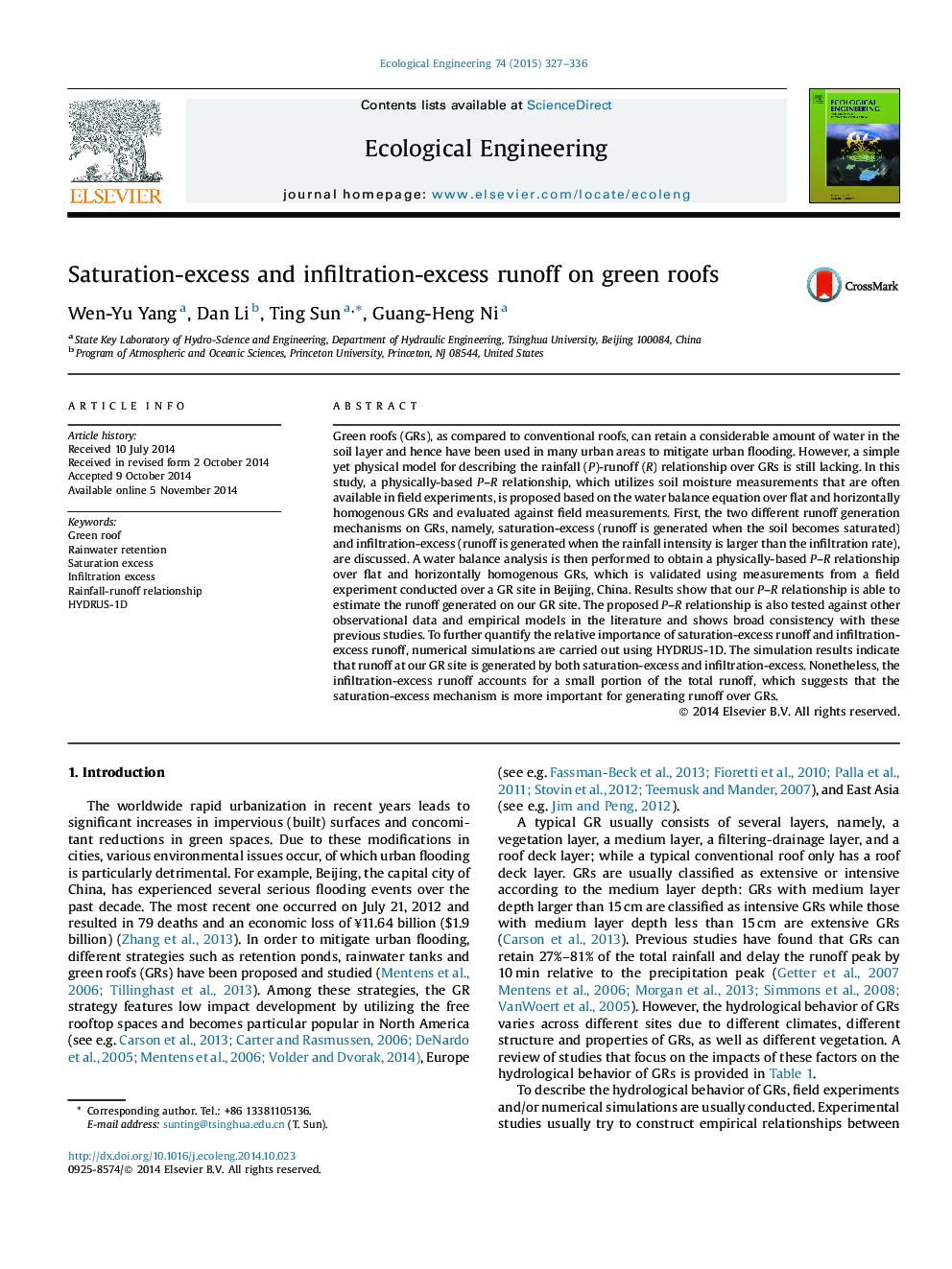 Saturation-excess and infiltration-excess runoff on green roofs