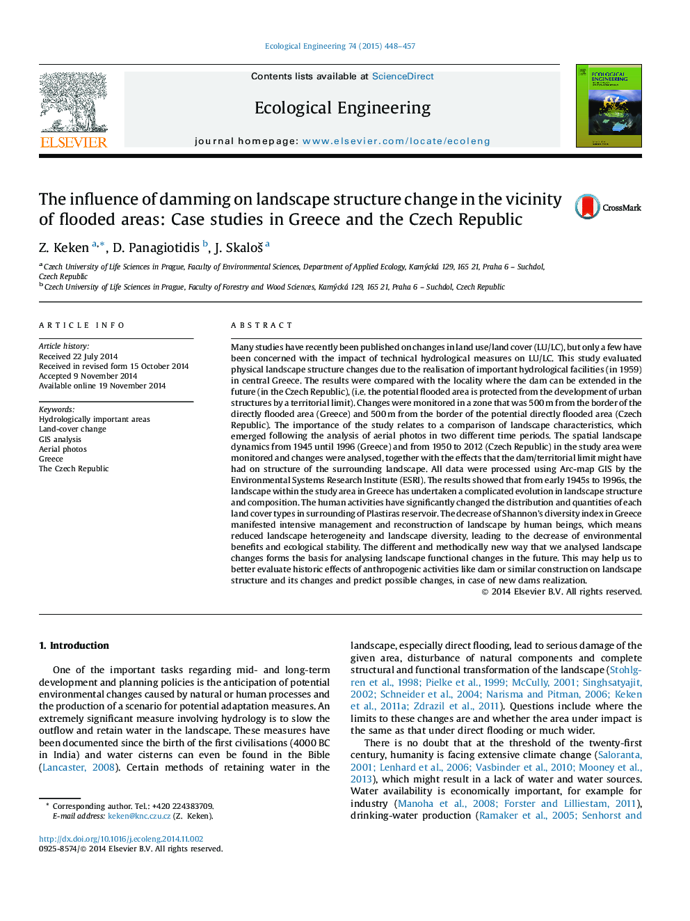 تاثیر سدسازی بر تغییر ساختار چشم انداز در مجاورت مناطق سیل شده: مطالعات موردی در یونان و جمهوری چک 