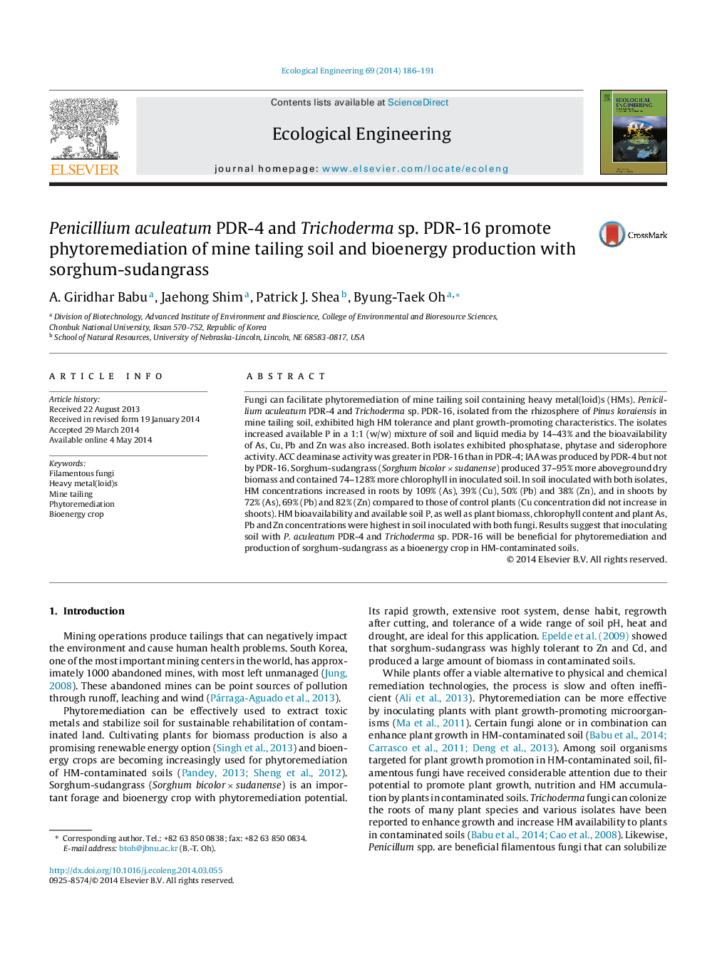 Penicillium aculeatum PDR-4 and Trichoderma sp. PDR-16 promote phytoremediation of mine tailing soil and bioenergy production with sorghum-sudangrass