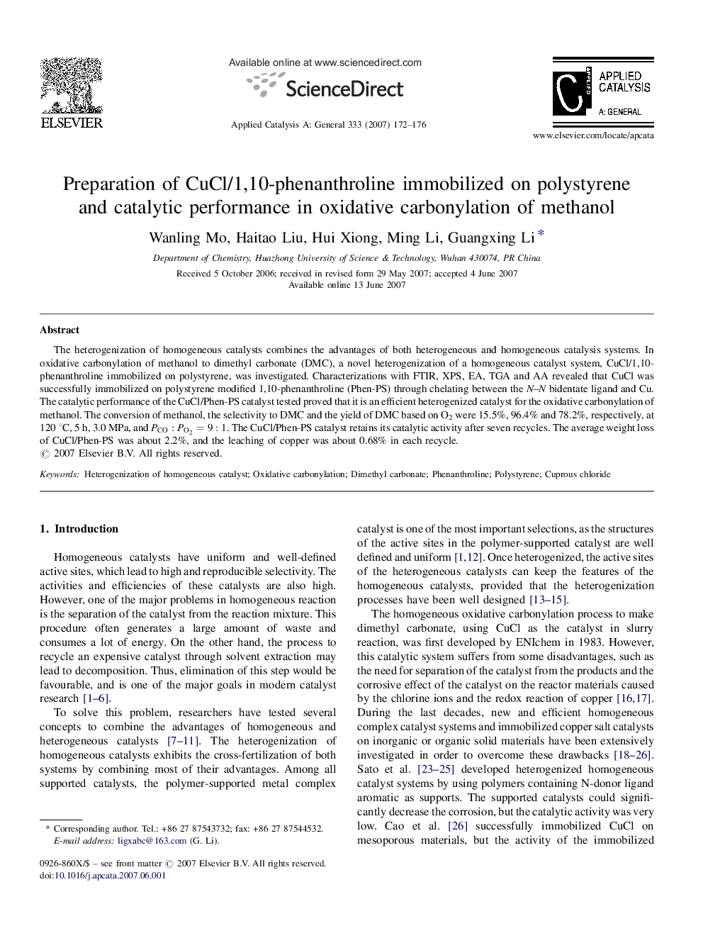 Preparation of CuCl/1,10-phenanthroline immobilized on polystyrene and catalytic performance in oxidative carbonylation of methanol