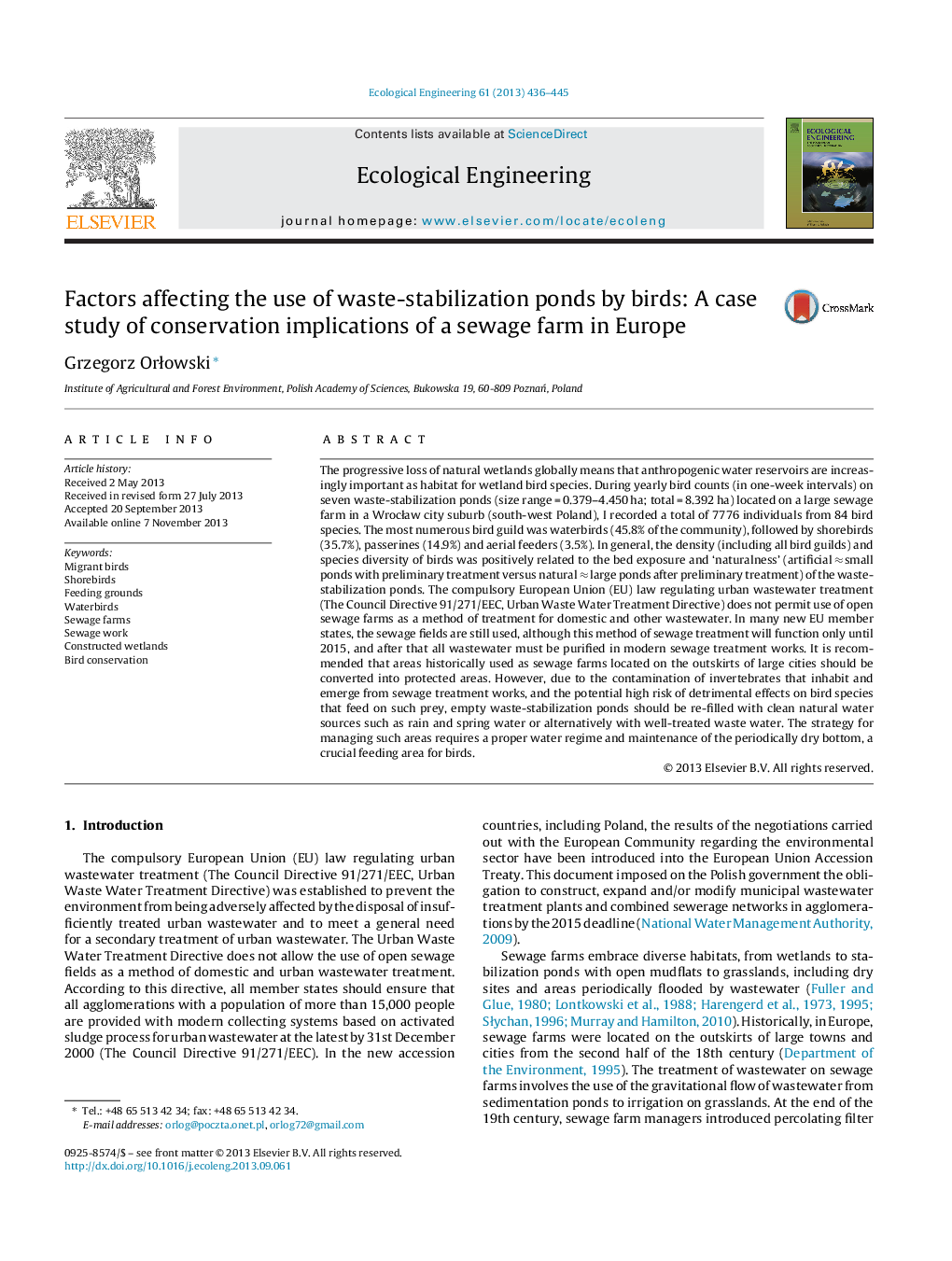 Factors affecting the use of waste-stabilization ponds by birds: A case study of conservation implications of a sewage farm in Europe