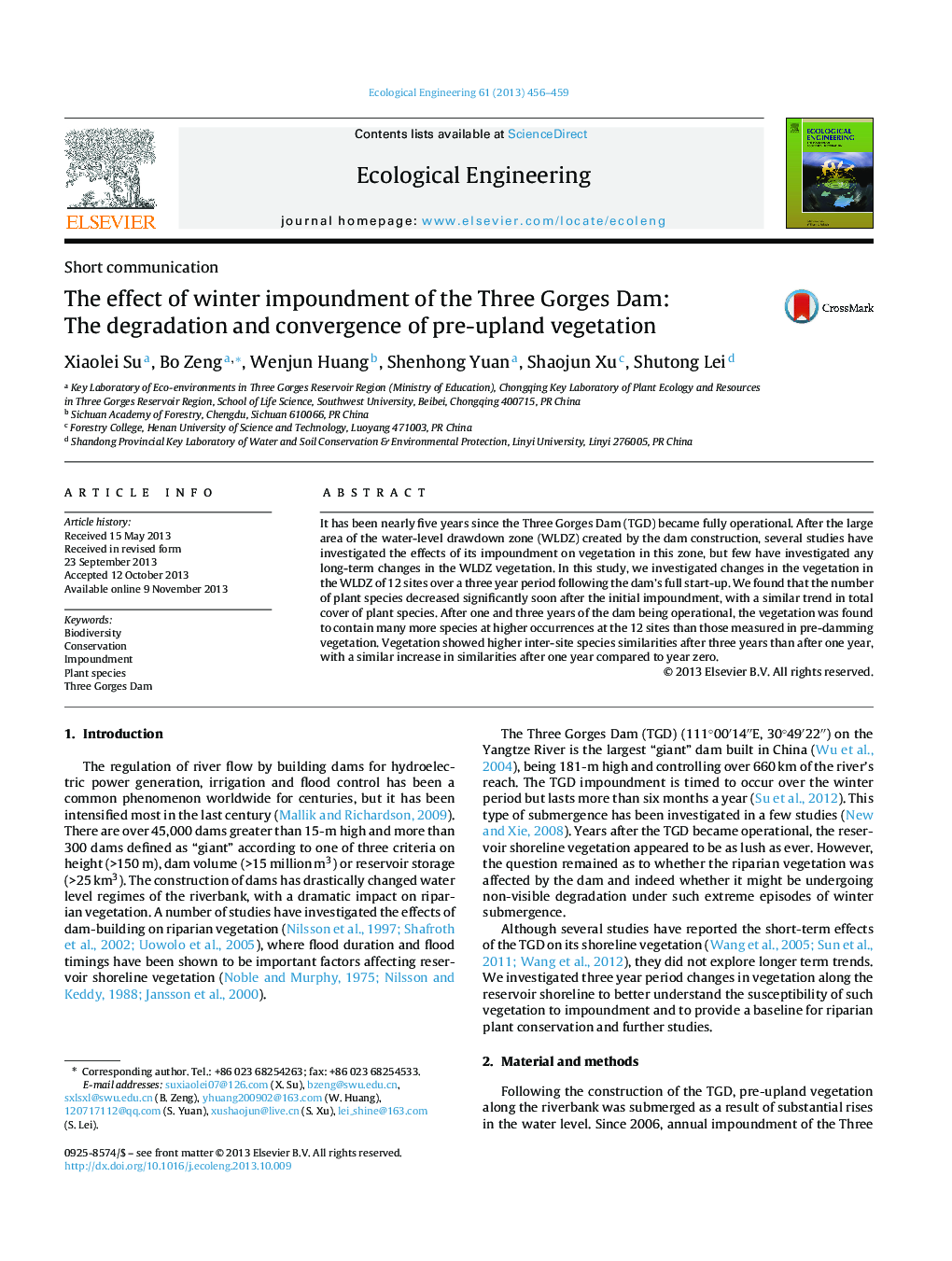 The effect of winter impoundment of the Three Gorges Dam: The degradation and convergence of pre-upland vegetation