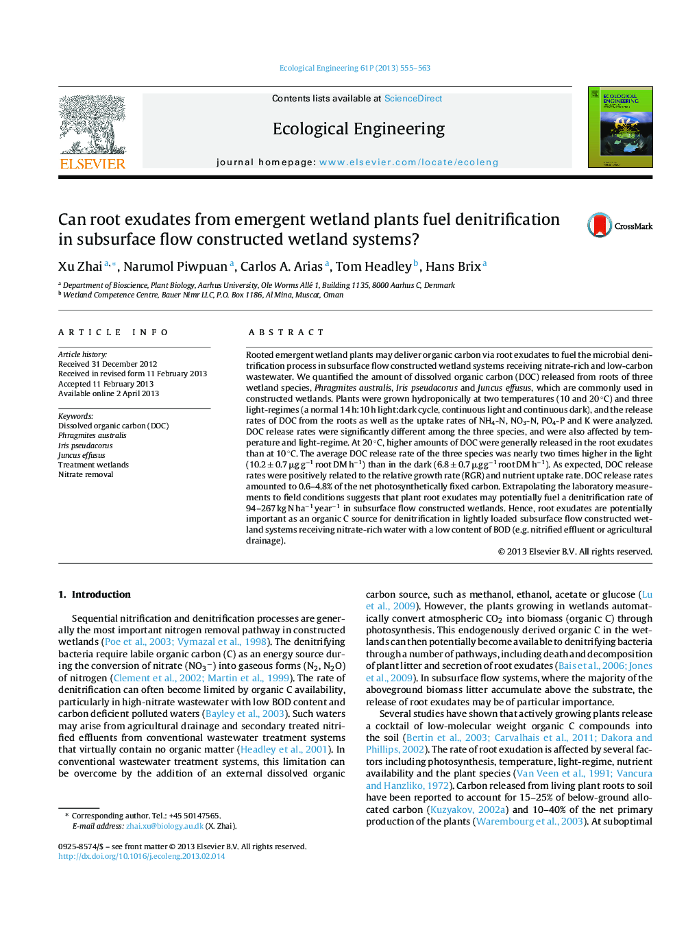 Can root exudates from emergent wetland plants fuel denitrification in subsurface flow constructed wetland systems?