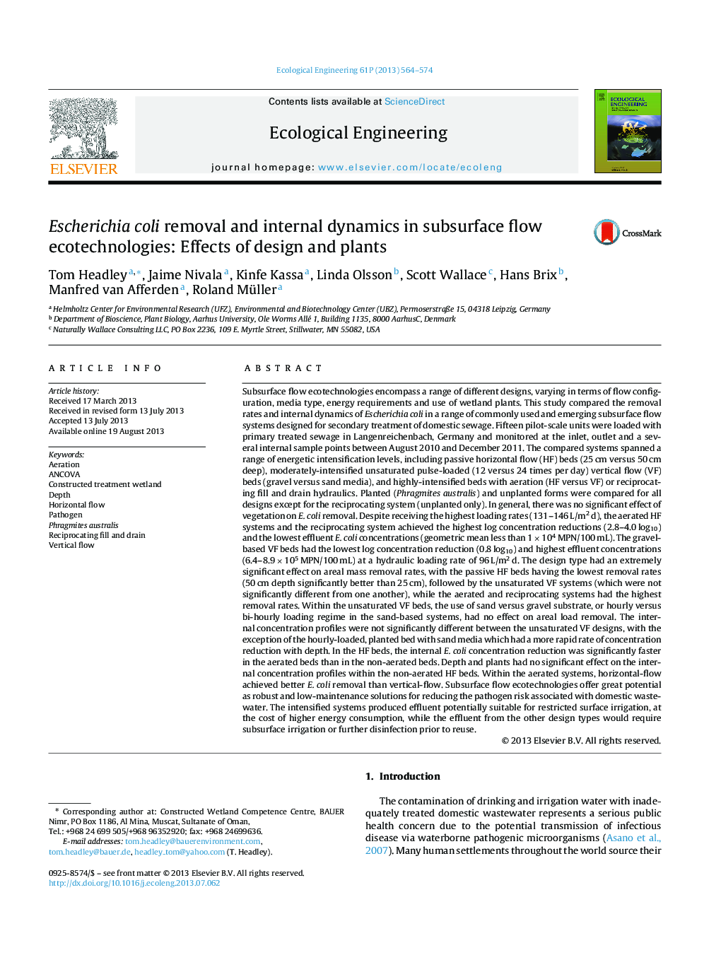 Escherichia coli removal and internal dynamics in subsurface flow ecotechnologies: Effects of design and plants